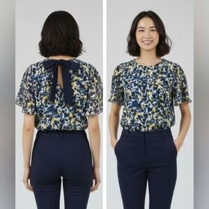 H&M Size M Flowy Abstract Print Summer Women's Top With Back  Blue Bow